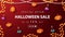 Special offer, Halloween sale, red discount banner with pumpkins Jacks and flask of potion tied with ropes hanging near the wall