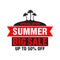 Special offer, summer big sale banner, poster design with 50 discount. Black island with palm trees symbol and red ribbon