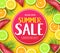 Special Offer Summer Sale in Circle Tag Poster with Tropical Fruits Such as Orange, Lime, Lemon and Watermelon