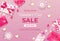 Special offer Valentine`s Day Sale. Discount flyer, big seasonal sale. Horizontal banner with realistic gifts, cups of coffee,