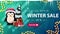 Special offer, winter sale, up to 30% off, green discount banner with icicles, garland, pink button, liquid shapes and penguin.