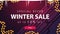 Special offer, winter sale, up to 50% off, purple discount banner with icicles, garland, pink button and liquid shapes