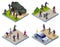 Special Police Forces Antiterror Armor Vehicle and Terrorists 2x2 illustration isometric icons on isolated background