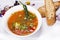 Special spicy soup plate made by a restaurant chef shot on a white background shoot on background