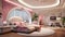 A special well detailed bedroom with pink collections, sofa set, roof, sealing, LED screen