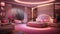 A special well detailed bedroom with pink collections, sofa set, roof, sealing, LED screen