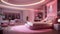 A special well detailed bedroom with pink collections, sofa set, roof, sealing, LED screen