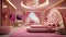 A special well detailed bedroom with pink collections, sofa set, roof, sealing, LED screen