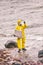 Specialist in protective suit checking sample of water  on rocky sea shore