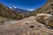 Specific Himalayan Karakoram landscape with deep valleys, arid landscape and peaks over 7000 and 8000m full of snow with walls sti