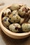 Speckled quail eggs on table, closeup view