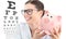 Spectacles save concept, sale eye examination, woman smiling with eyeglasses and piggy bank  with optician chart on white