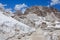 Spectacular alpine landscape, mountain chalet,hiking trail and high mountains in background, Dolomites, Italy