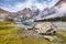 Spectacular autumn view of Oeschinensee Lake