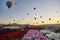 Spectacular balloons flying at sunrise in Goreme. Turism Cappadocia, Turkey