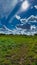 Spectacular blue sky with a green meadow in front