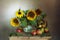 A spectacular bouquet of sunflowers in a vase and apples.