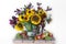 A spectacular bouquet of sunflowers in a vase and apples, grapes.