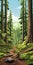Spectacular Cartoon Landscape Of Hiking Path In Redwood Forest