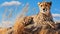 Spectacular Cheetah In Vibrant Grassland Under Blue Skies
