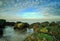 Spectacular colors of a sunset by the sea. Rocks with moss in the foreground, Two blurry gulls