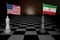 Spectacular concept rendering of two piece checkers chess representing the United States of America USA and Iran 3D RENDERING