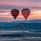 Spectacular dawn/dusk scene with hot air balloons above mist covered valleys and colorful mountain backdrop