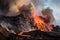 spectacular display of lava cascading down the side of volcano, with smoke rising from the crater