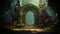 Spectacular fantasy scene with a portal archway covered in creepers. In fantasy world. generative ai