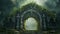 Spectacular fantasy scene with a portal archway covered in creepers. In fantasy world. generative ai