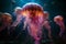 Spectacular and glowing colorful jellyfishes swimming in the ocean. Amazing wildlife. Generative Ai