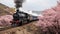 Spectacular grey steam train gracefully traversing the enchanting spring mountainscape