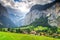 Spectacular Lauterbrunnen town with high cliffs,Bernese Oberland,Switzerland,Europe