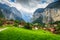 Spectacular Lauterbrunnen town and Staubbach waterfall, Bernese Oberland, Switzerland, Europe