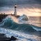 Spectacular lighthouse provide light during a large storm on the seashore. Massive and powerful sea waves crashing on