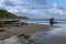 Spectacular lonely beach with rock formations in the spanish area of asturias in winter at low tide