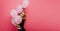 Spectacular lovely girl posing with pink balloons and smiling to camera. Studio shot of cheerful blonde woman isolated