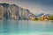 Spectacular Malcesine tourist resort and high mountains, Garda lake, Italy