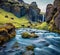 Spectacular midnight sun view of Kvernufoss watterfall. Gloomy summer scene of pure water river in Iceland, Europe.