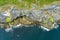 Spectacular misty aerial landscape in the Burren region of County Clare, Ireland. Exposed karst limestone bedrock at the Burren