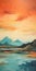 Spectacular Mountain Sunset Painting In Light Orange And Turquoise