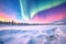 spectacular multicolored aurora display across a snowy landscape