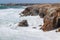 Spectacular natural cliffs on coastline Cote Sauvage, Quiberon, Brittany