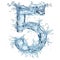 Spectacular number five and a splash of clear water. Digital close-up on white background in water spray. Number 5 made