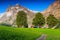 Spectacular orderly green field with high snowy mountains,Grindelwald,Switzerland