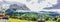 Spectacular Panoramic view with blank signpost on the left of Grindelwald Landscape and Clipping Cloudscape on overcast day