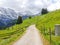 Spectacular panoramic view from Murren-Gimmelwald walking trail with Eiger, Monch and Jungfrau Swiss alps mountain peaks