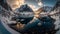 Spectacular panoramic view of a snow-covered fjord - winter landscape, Generative AI