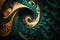 Spectacular realistic abstract backdrop of a whirlpool of teal and gold. Digital art 3D illustration. Mable with liquid texture
