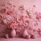 Spectacular Relief Sculpture: Three Pink Vases And Flowers On A Pink Table